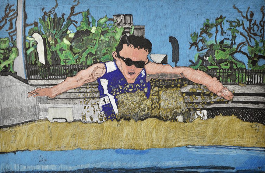 Adrian Salvatore, Adrian in Longjump at The Special Olympics National Games, 2014, 2015, pencil on paper, 38 x 57 cm, Private Collection, Melbourne