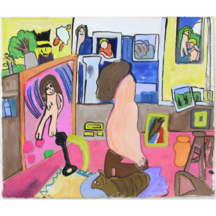 A Woman sitting down near her Dog