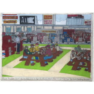 Every Truckers Enjoy Having Babecue to Eat for Picnic. Where They Sit Outside Near the Truck Stop During Recreation