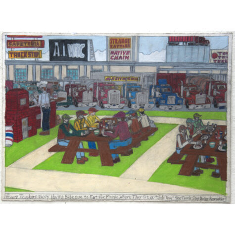 Every Truckers Enjoy Having Babecue to Eat for Picnic. Where They Sit Outside Near the Truck Stop During Recreation